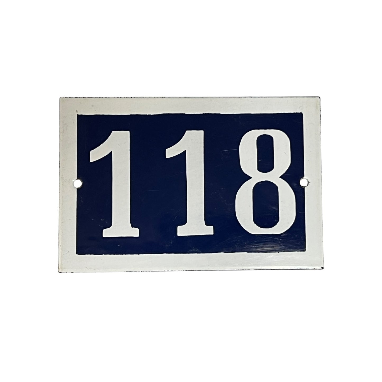 Rectangular blue sign with white numbers '118' on a white background