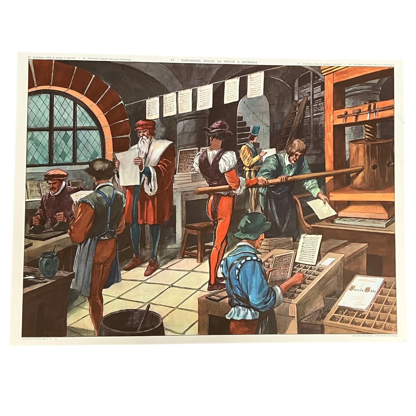 Vintage French large wall poster featuring the Gutenburg printing press being used for the first time, set against a white background, perfect for adding a touch of vintage charm to your home décor.