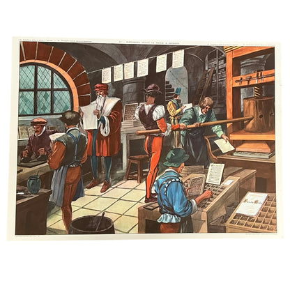 Vintage French large wall poster featuring the Gutenburg printing press being used for the first time, set against a white background, perfect for adding a touch of vintage charm to your home décor.
