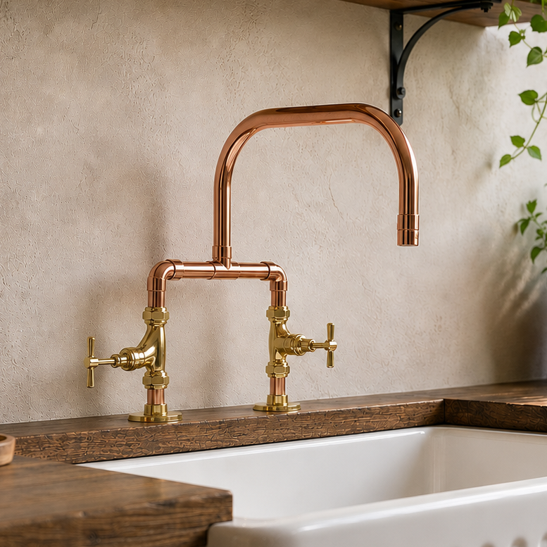 Kitchen sink with copper faucet and wooden countertops