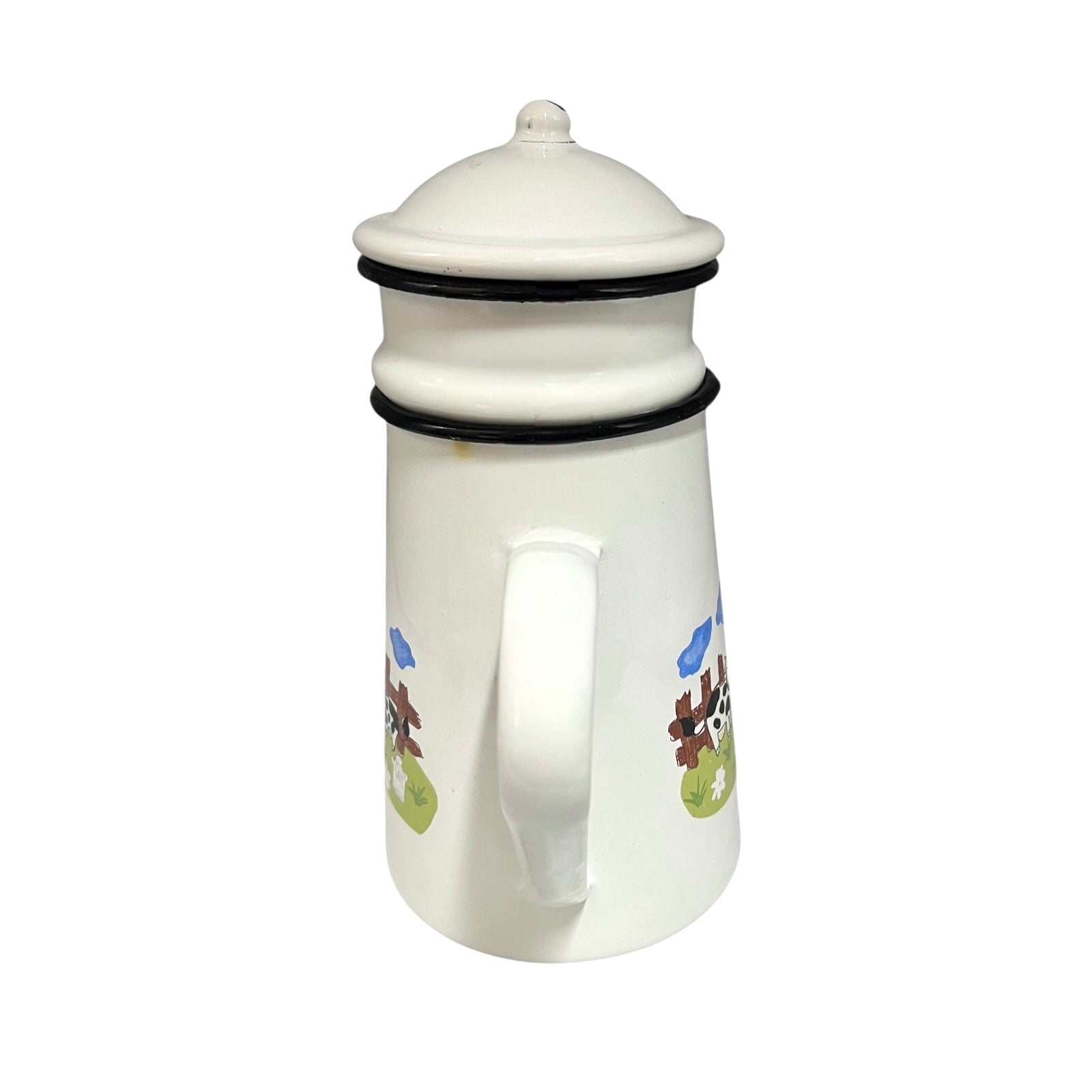White enamel coffee pot or teapot with farm design on a white background
