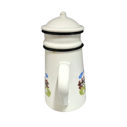 White enamel coffee pot or teapot with farm design on a white background