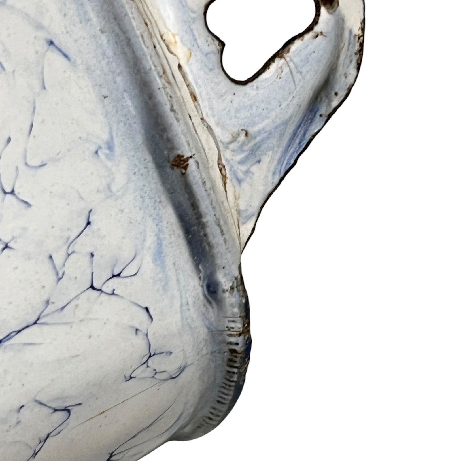 Close up of a French enamel vintage garden wall mounted planter or kitchen bathroom storage pot, on a white background 