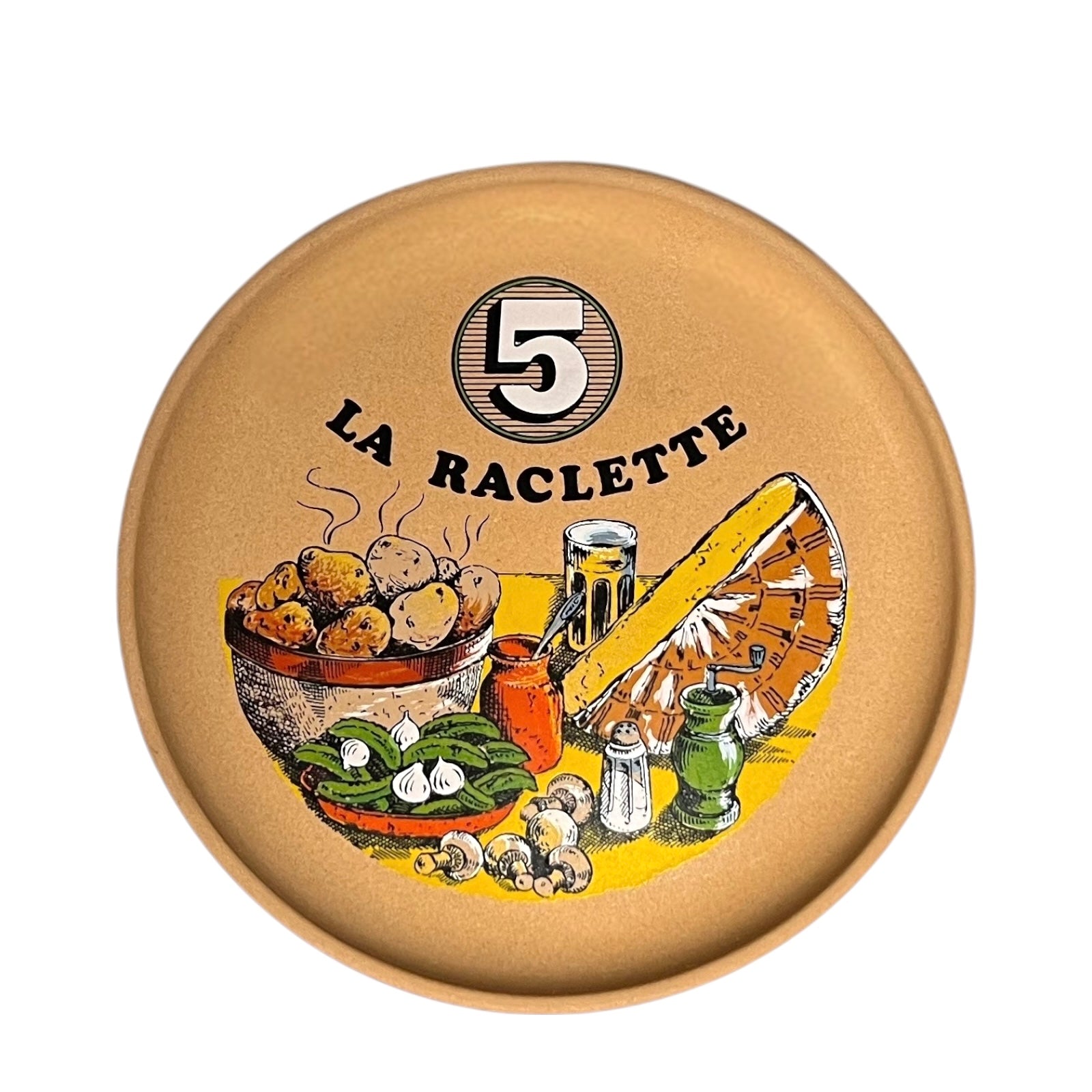 Plate with 'La Raclette' branding, the number 5 and illustrations on a white background