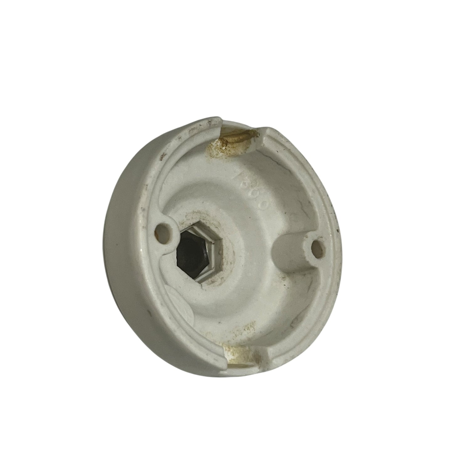 White French porcelain ceiling light rose fitting with a brass screw and 2 screw holes on a white background