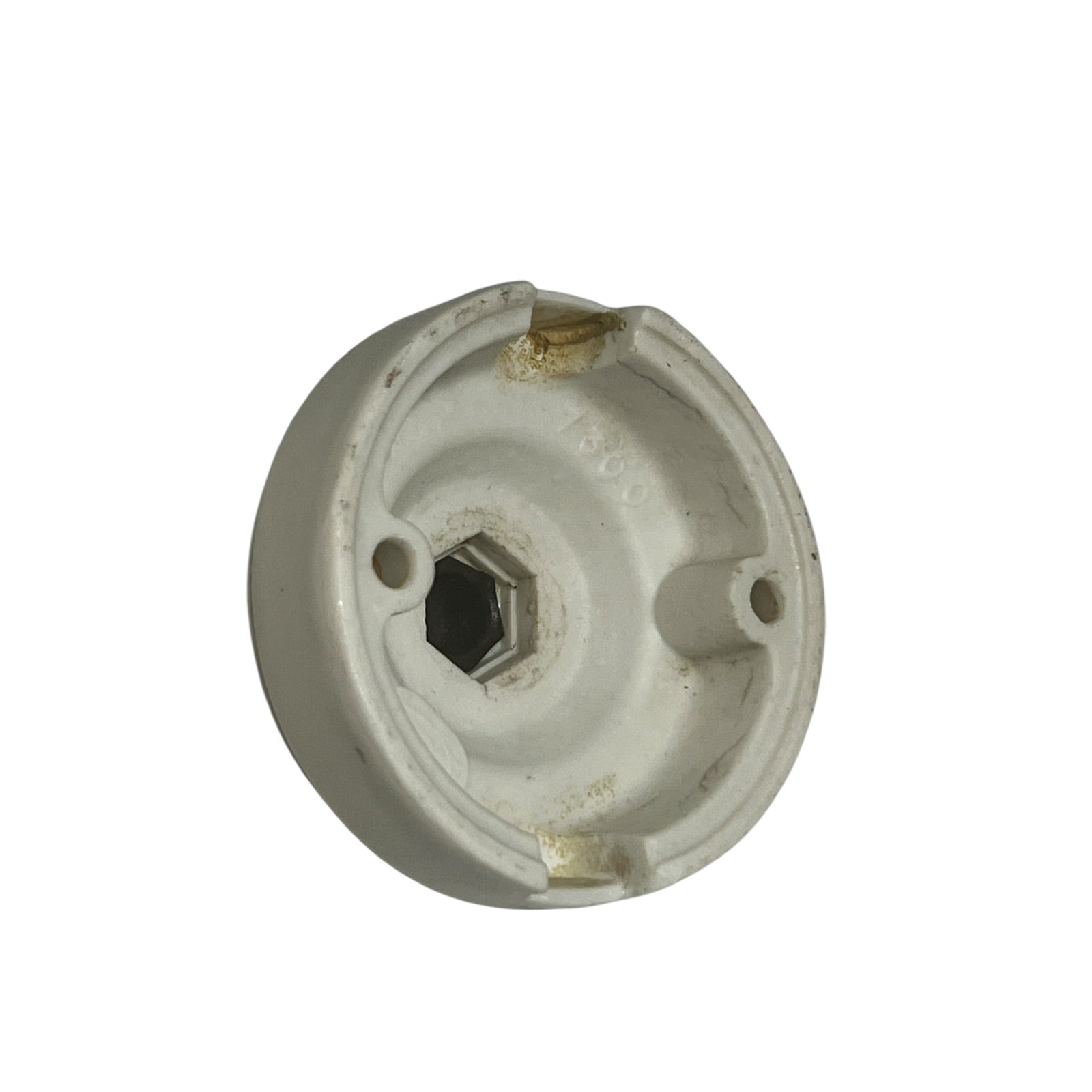 White French porcelain ceiling light rose fitting with a brass screw and 2 screw holes on a white background
