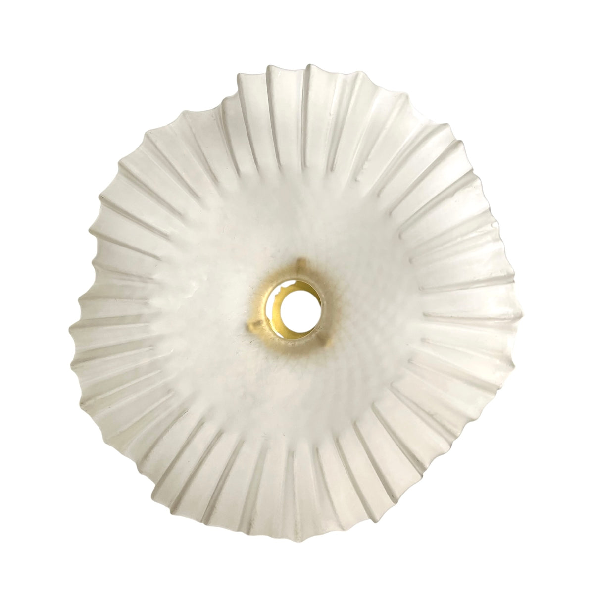 A frosted ribbed glass shade or diffuser with a scalloped outer edge and a central mounting hole, shown against a plain white background.