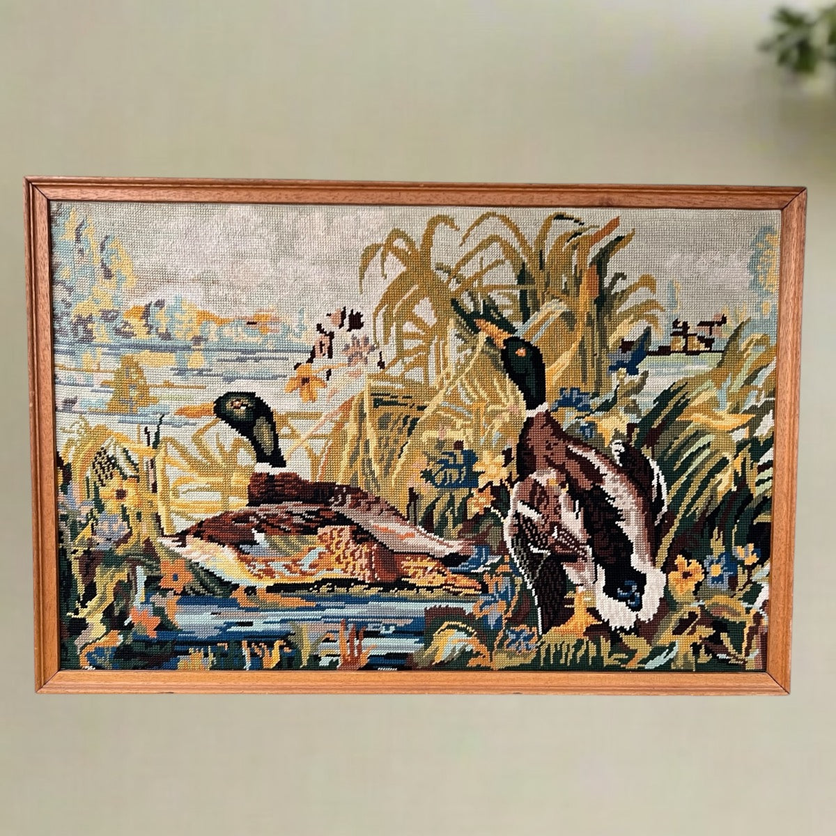 Large Vintage Framed French Woven Tapestry- Ducks, great Hunting Gift