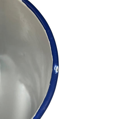 Close-up of the inside of a white enamel planter with a blue rim on a plain white background.
