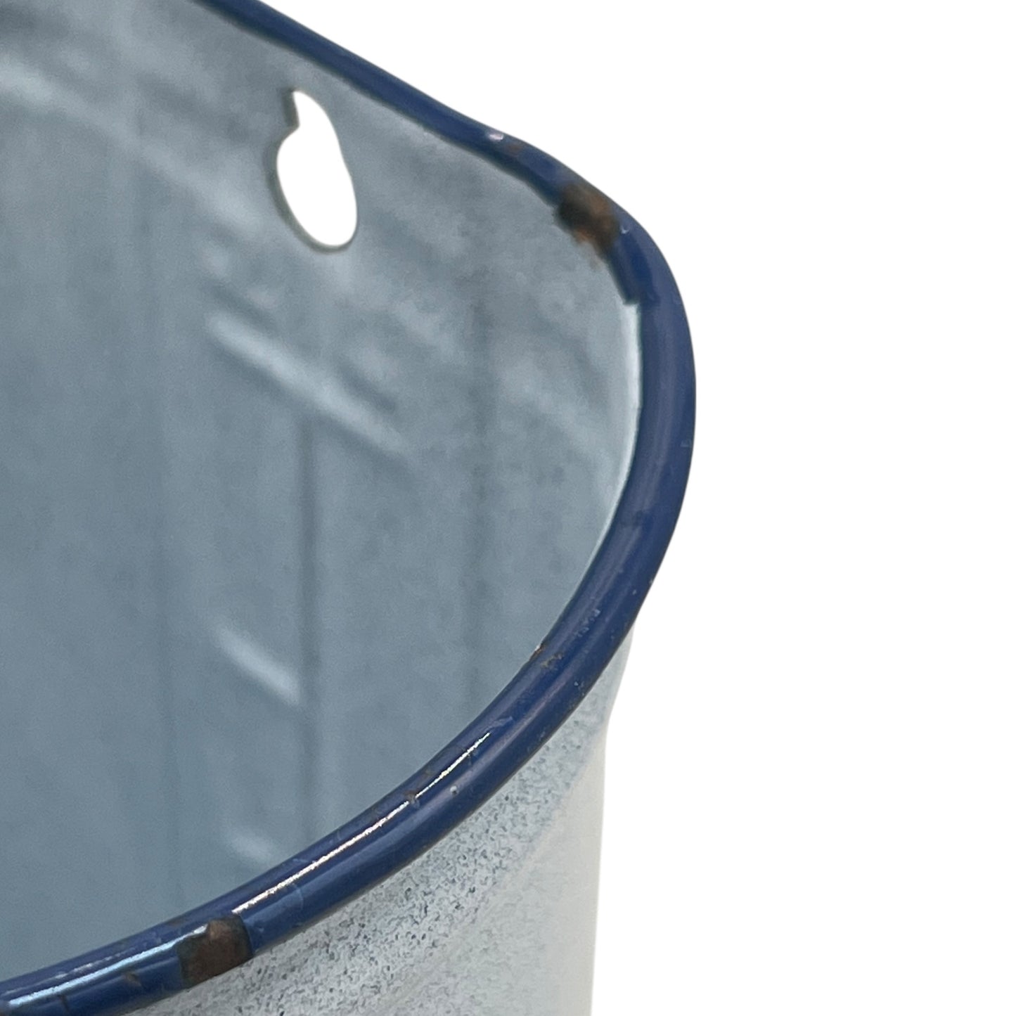 French vintage enamel irrigator jug, white and blue with a handle and a small spout on a white background