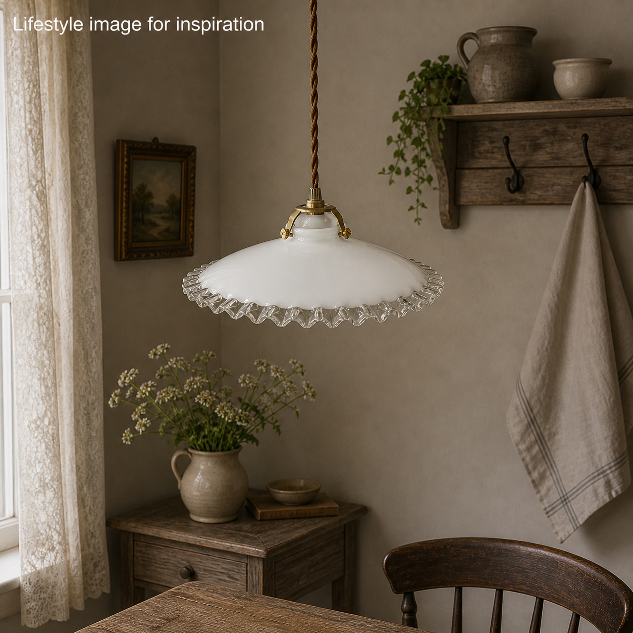 Vintage French Opaline Milk Glass Pendant Lamp Shade with Brass Collar