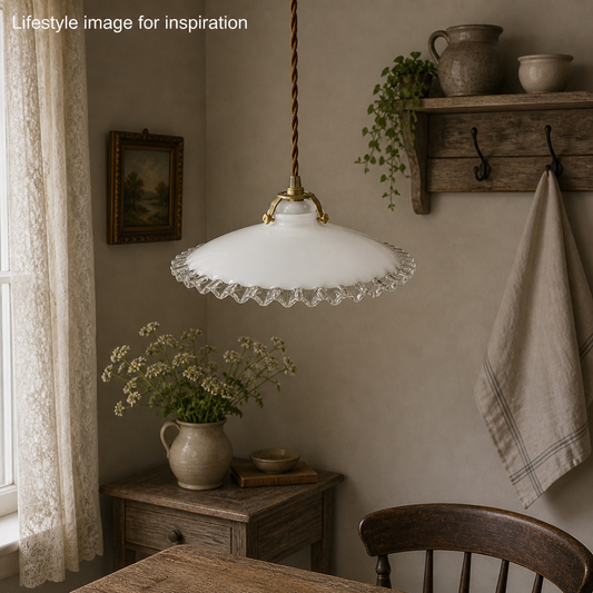 Vintage French Opaline Milk Glass Pendant Lamp Shade with Brass Collar