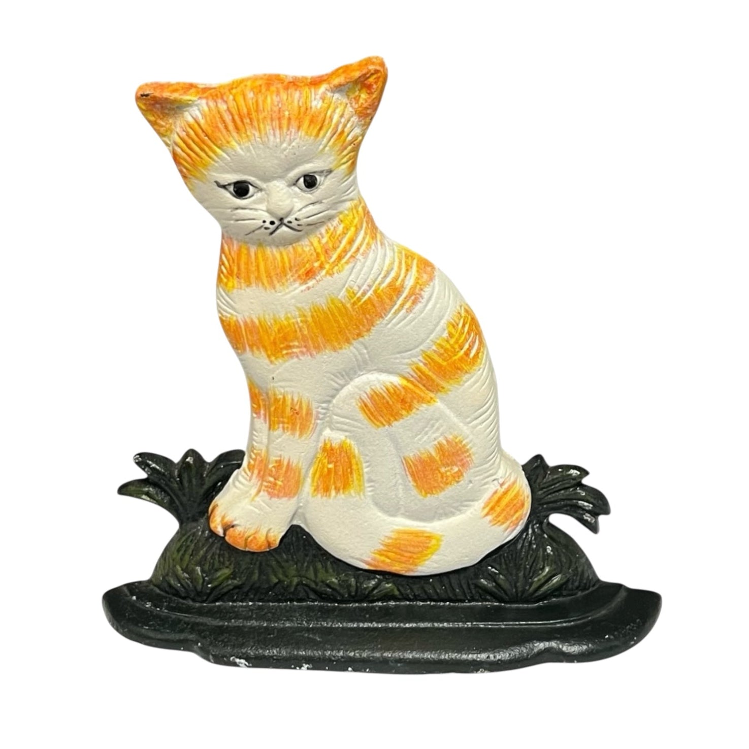 Cat-shaped cast iron doorstop with orange and white stripes on a black base for sale from All Things French Store 