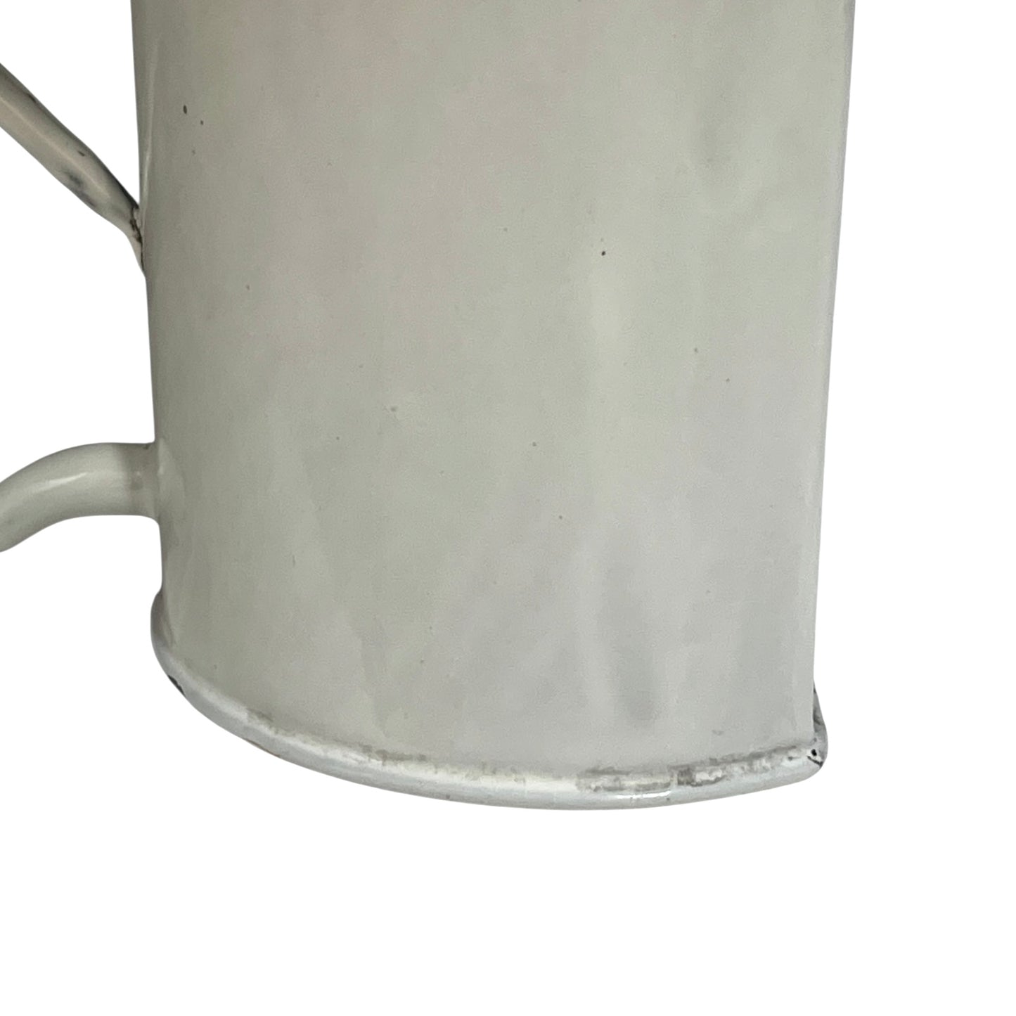 Close up of  French vintage enamel planter with a flat back and a spout on a white background