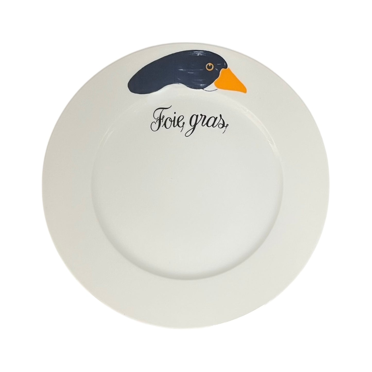 White plate with a duck illustration and 'Foie gras' text on a white background