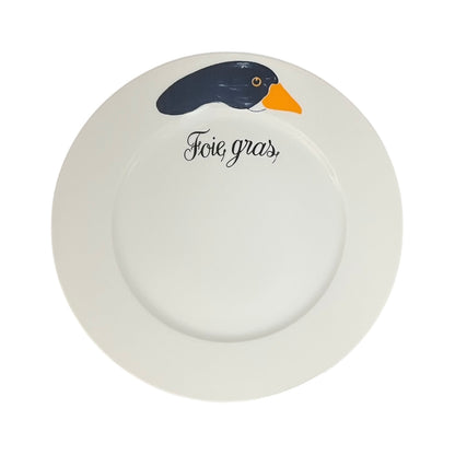White plate with a duck illustration and 'Foie gras' text on a white background
