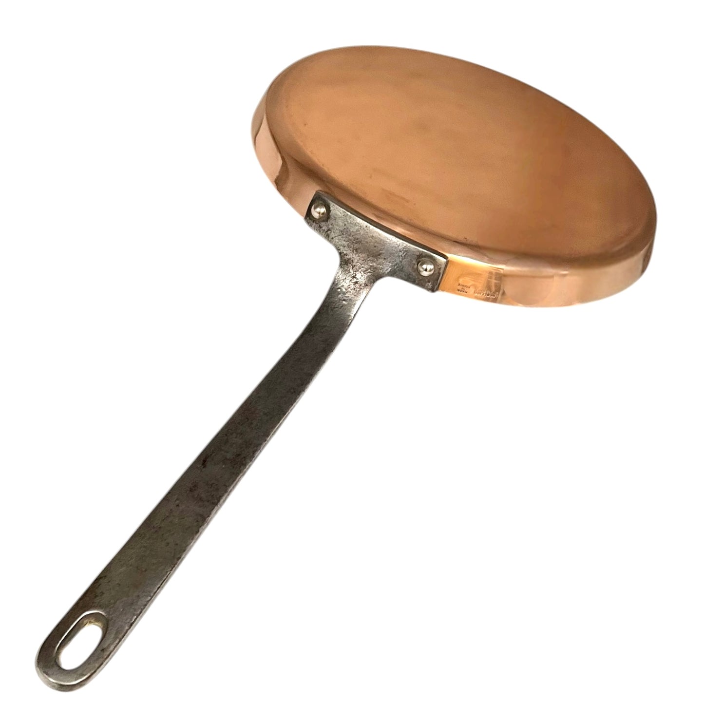 Copper pan with a metal handle on a white background