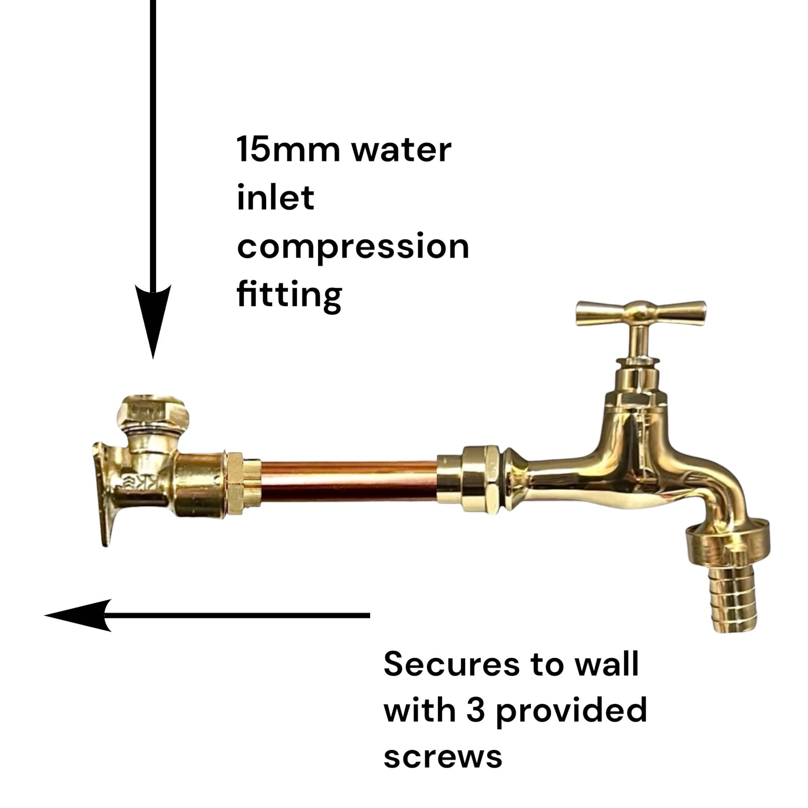 A brass wall-mounted faucet adapter with a cross handle and threaded outlet, shown on a white background with black arrows and text indicating a 15mm water inlet compression fitting and wall securing with 3 provided screws.