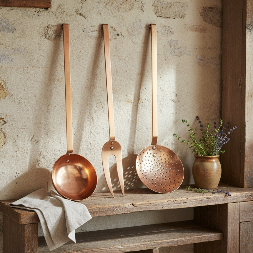 Copper kitchen utensils hanging on a rustic stone wall with a wooden shelf.