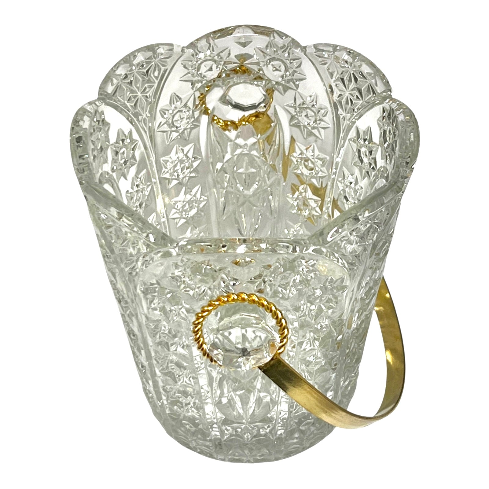 Decorative glass ice bucket with a handle, ideal for a home bar or cocktail bar on a white background