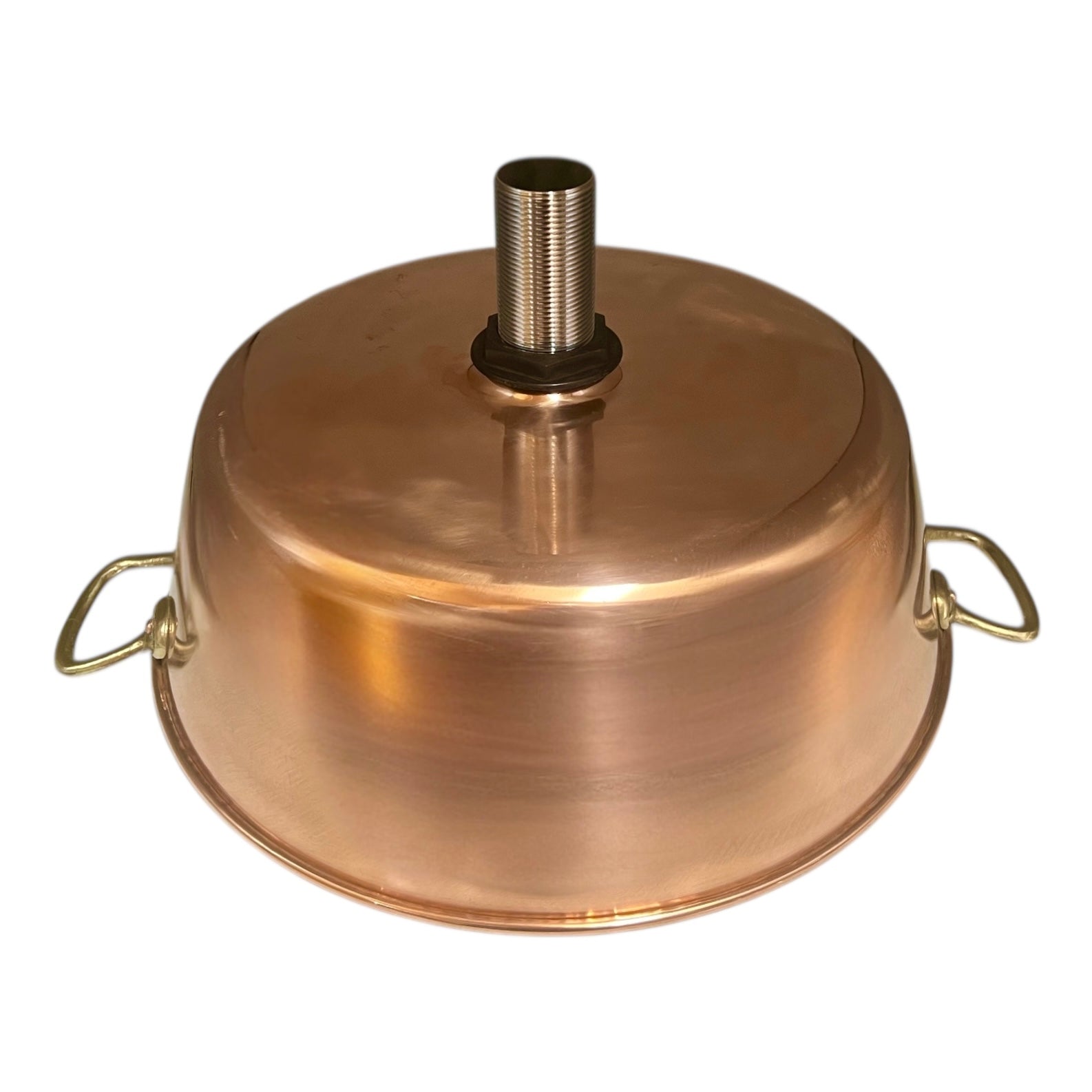 Copper sink with brass handles on a white background