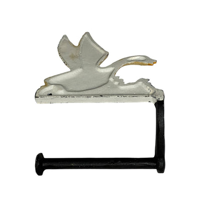 Back view of a cast iron goose shaped toilet roll holder 