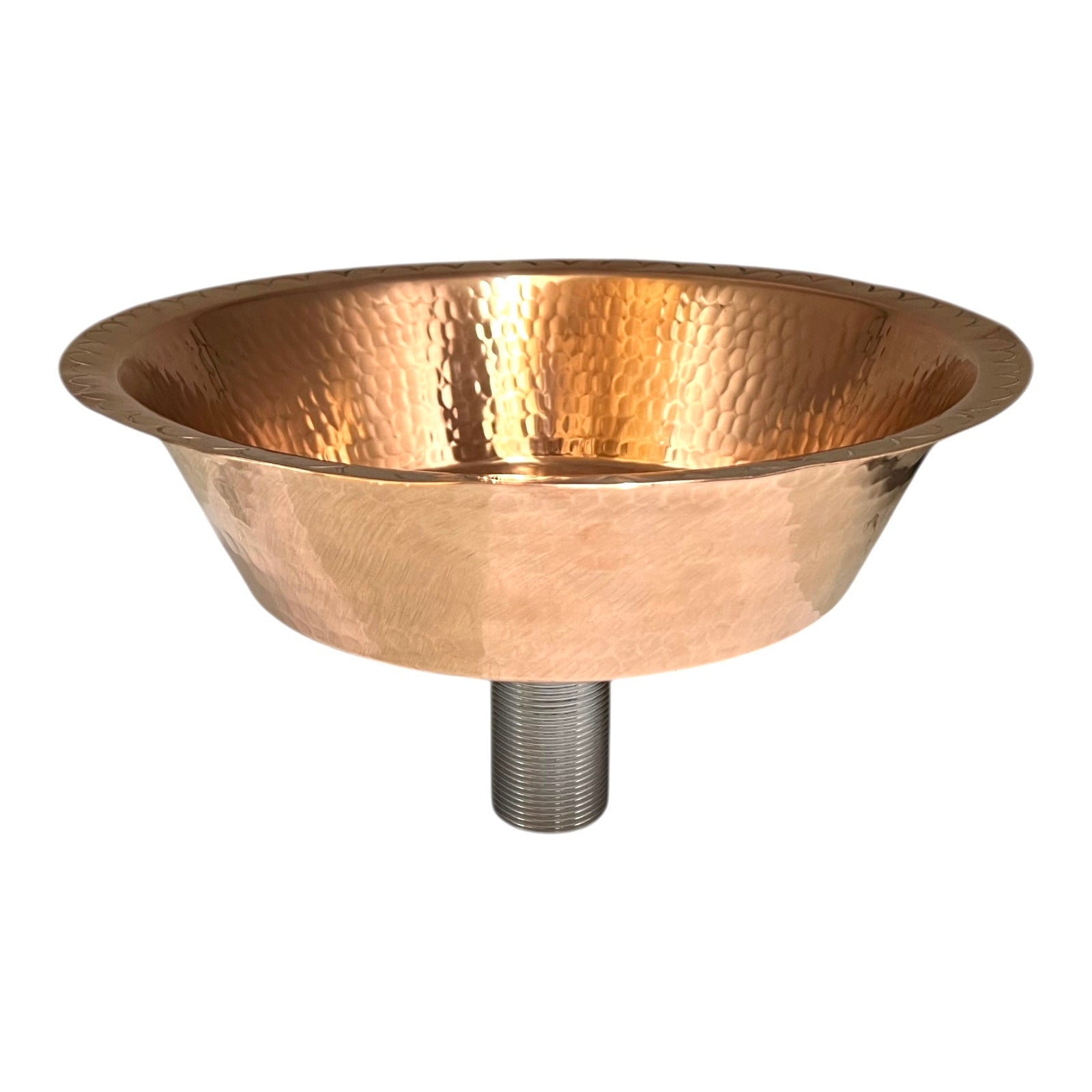 Copper sink basin with a threaded base on a white background