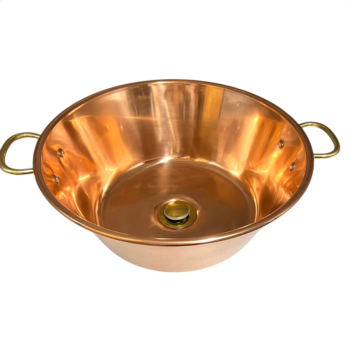 A copper bathroom sink with a polished interior, double side handles, and a central drain opening, shown on a plain white background.