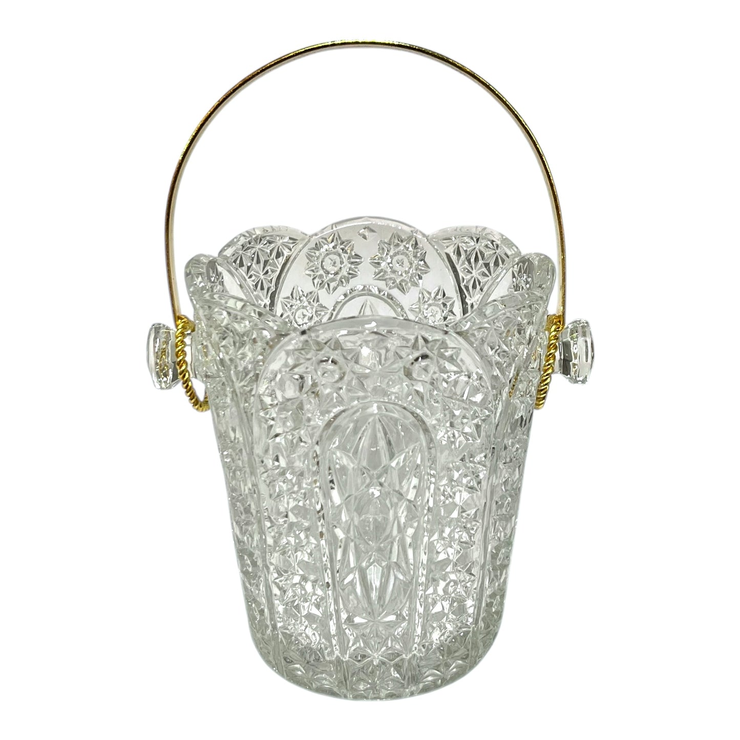 Decorative glass ice bucket with a handle, ideal for a home bar or cocktail bar on a white background