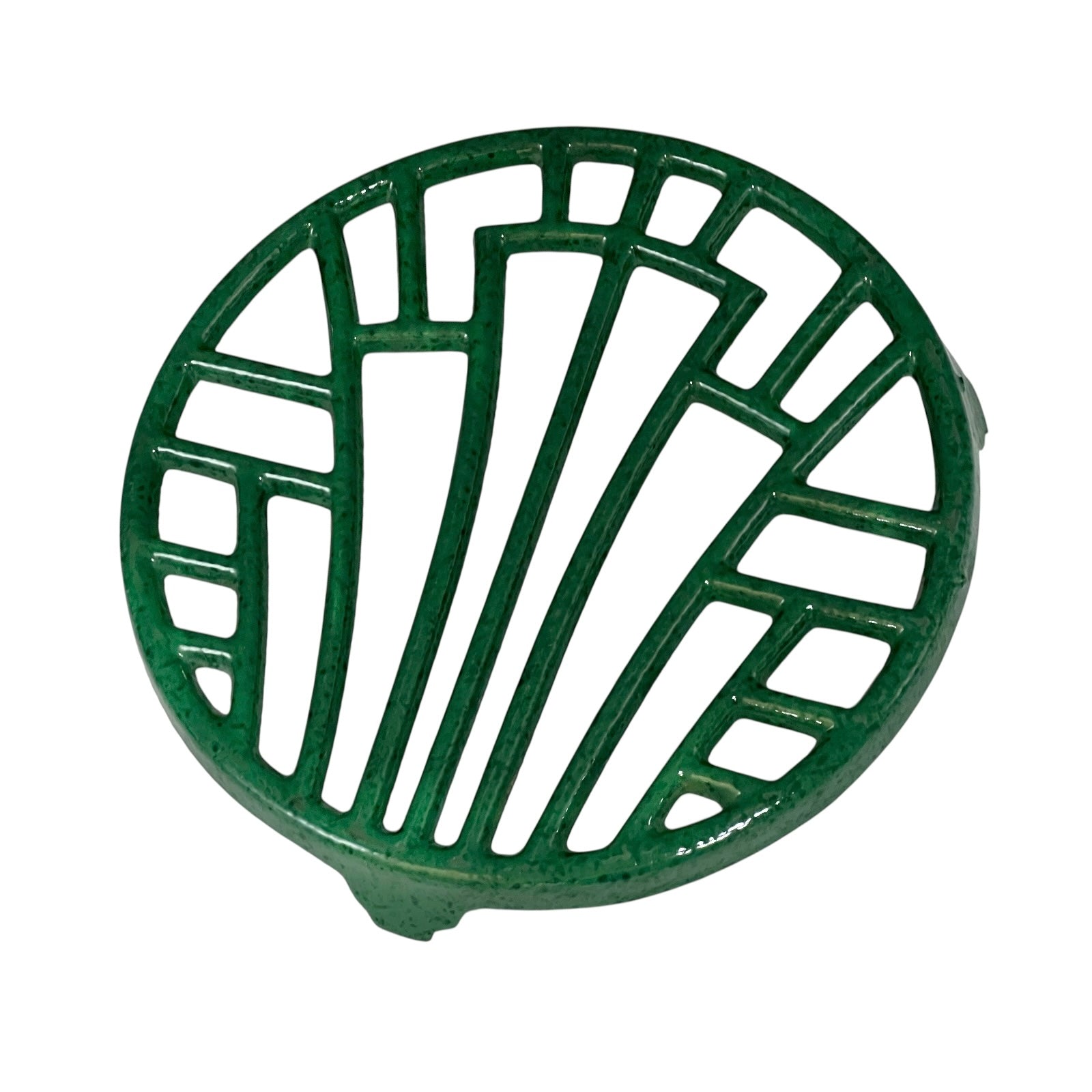 Green vintage French cast iron enamelled pan trivet on a white background