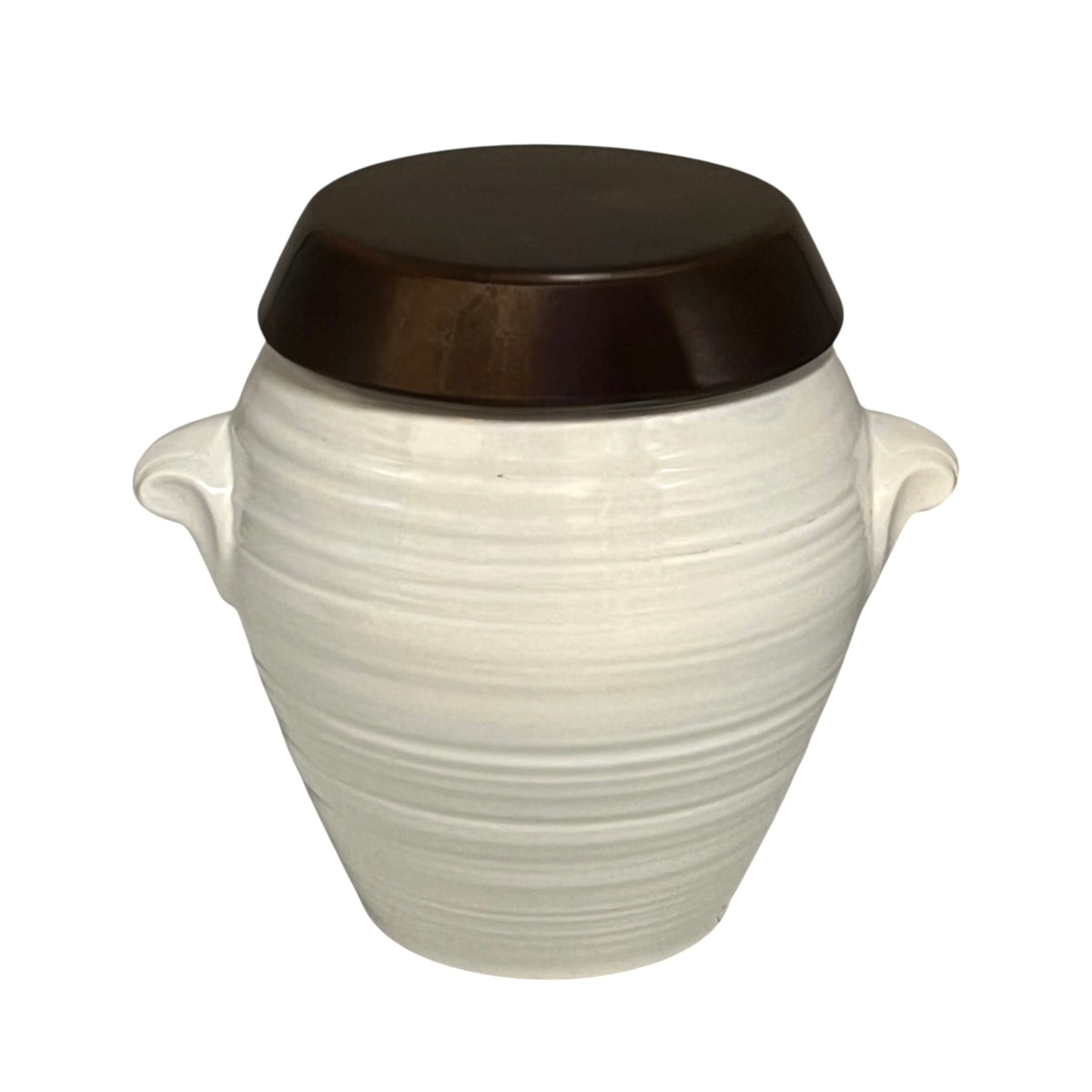 A ceramic canister with a ribbed white body, side handles, and a dark brown lid, shown against a plain white background.