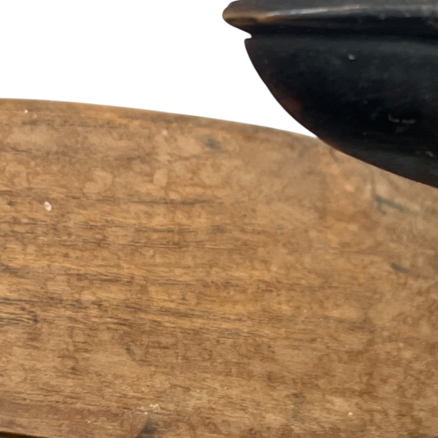 Close-up of a deer hoof on a wooden surface with a white background