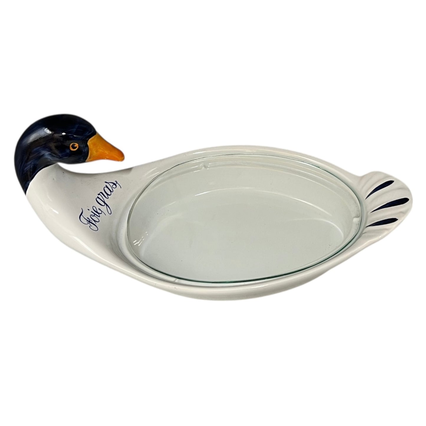 Ceramic dish shaped like a duck with Foie Gras' text on a white background