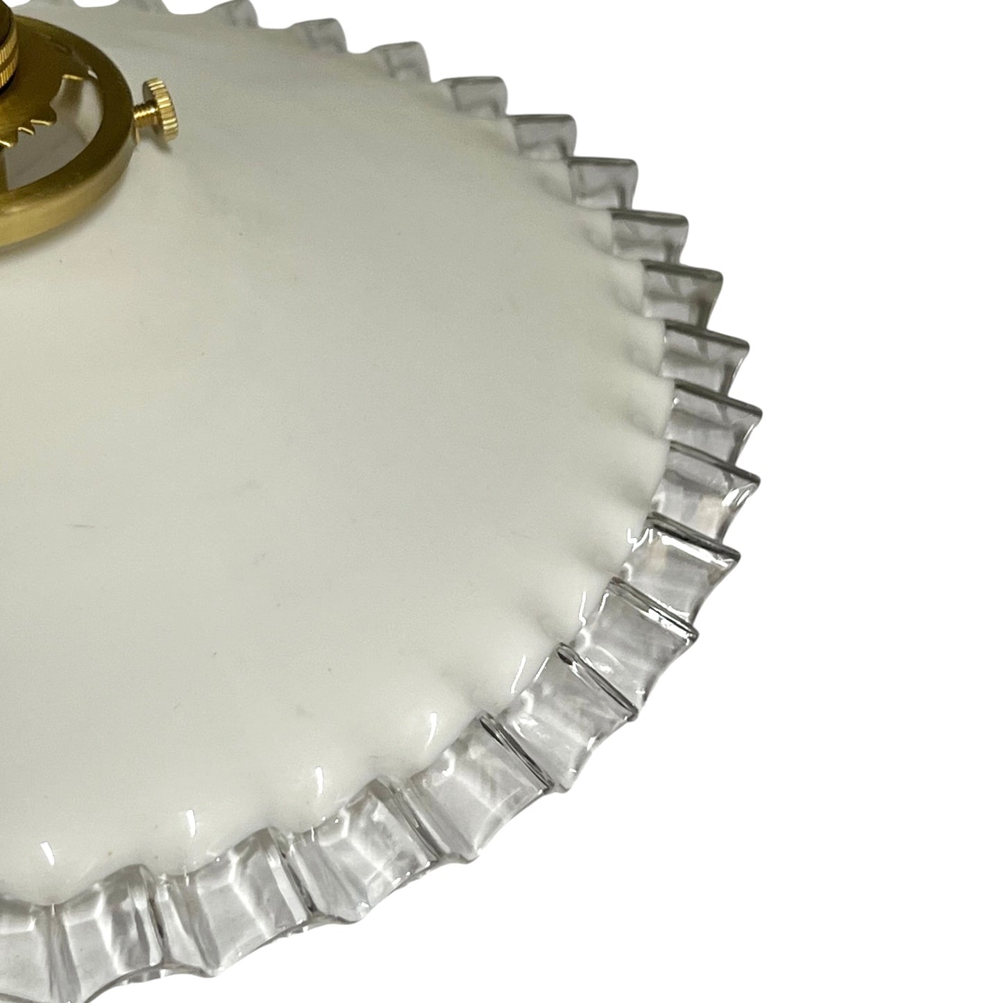 Vintage French Opaline Milk Glass Pendant Pie Crust Lampshade with Brass Collar