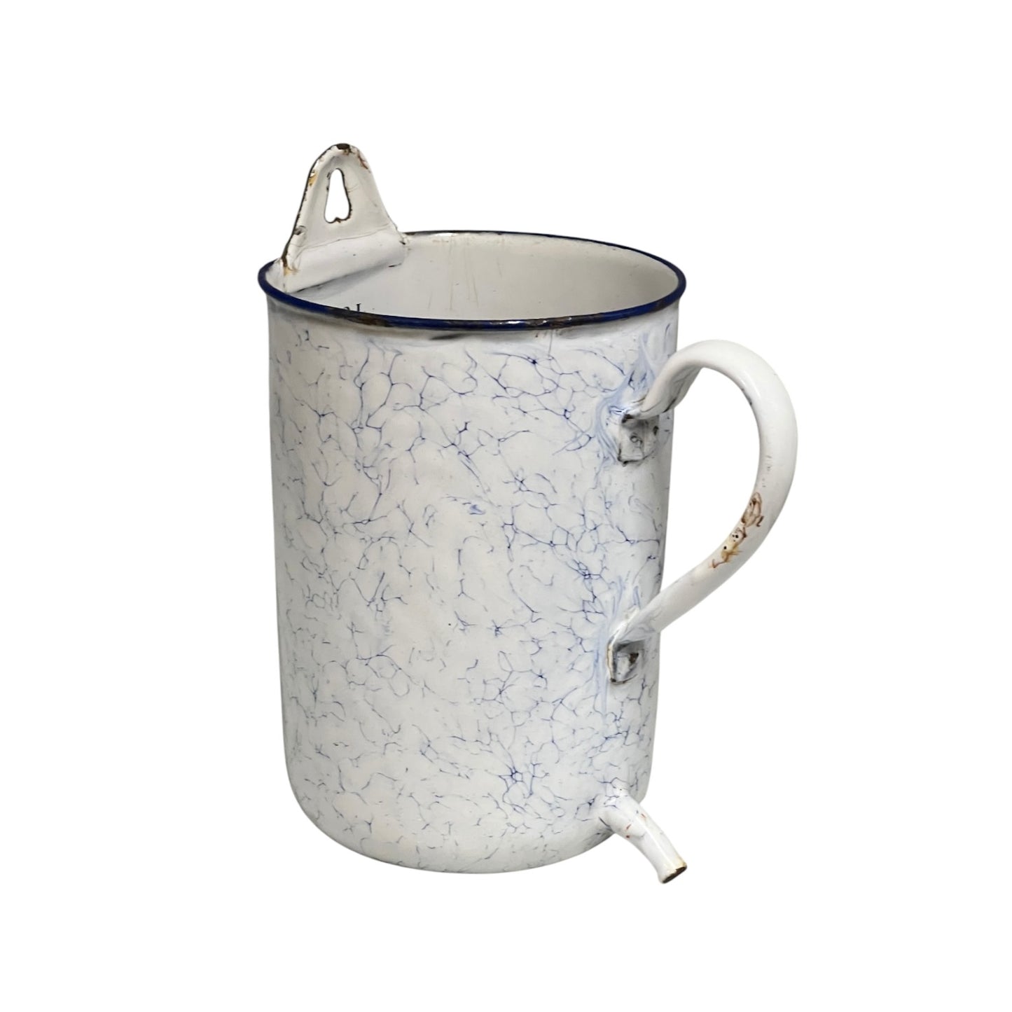 French enamel vintage garden wall mounted planter or kitchen bathroom storage pot, ideal for a rustic country cottage on a white background 