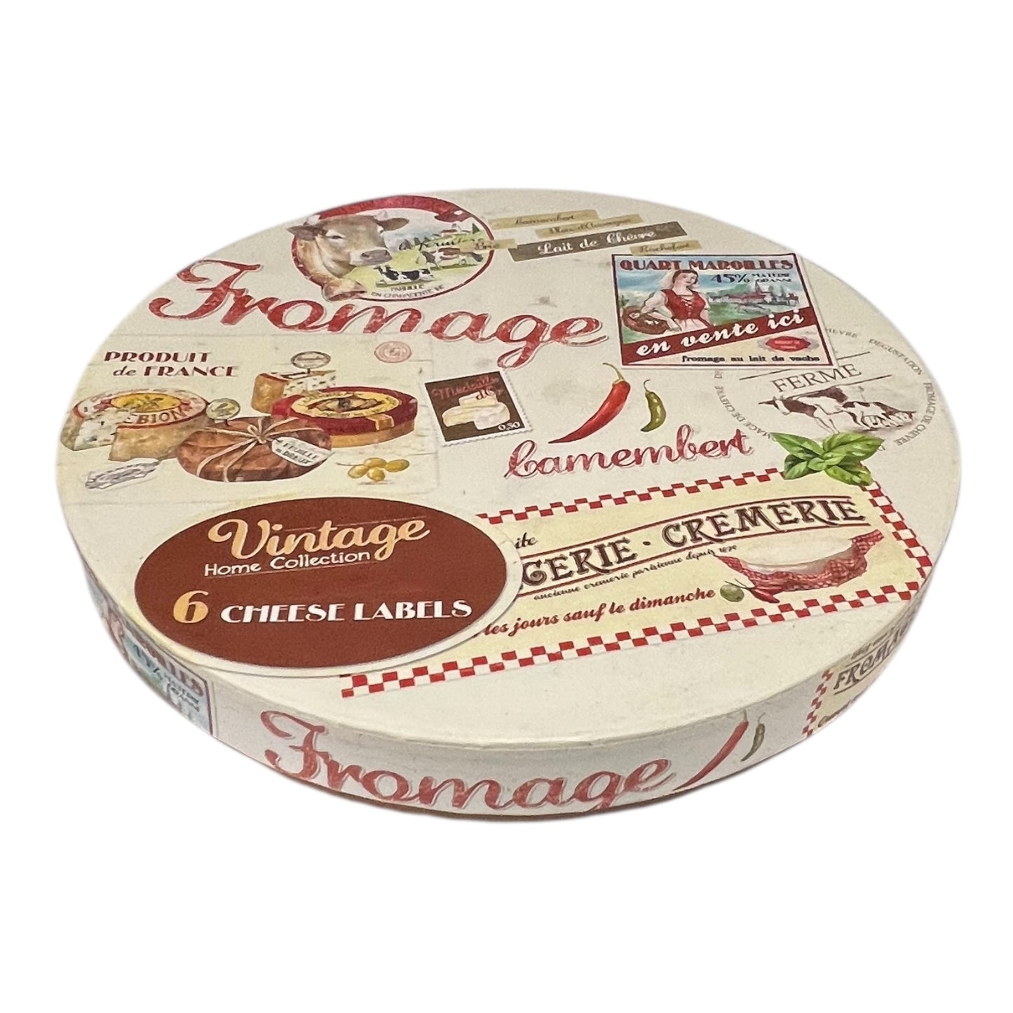 Round cheese packaging with 'Fromage' branding and decorative elements on a white background