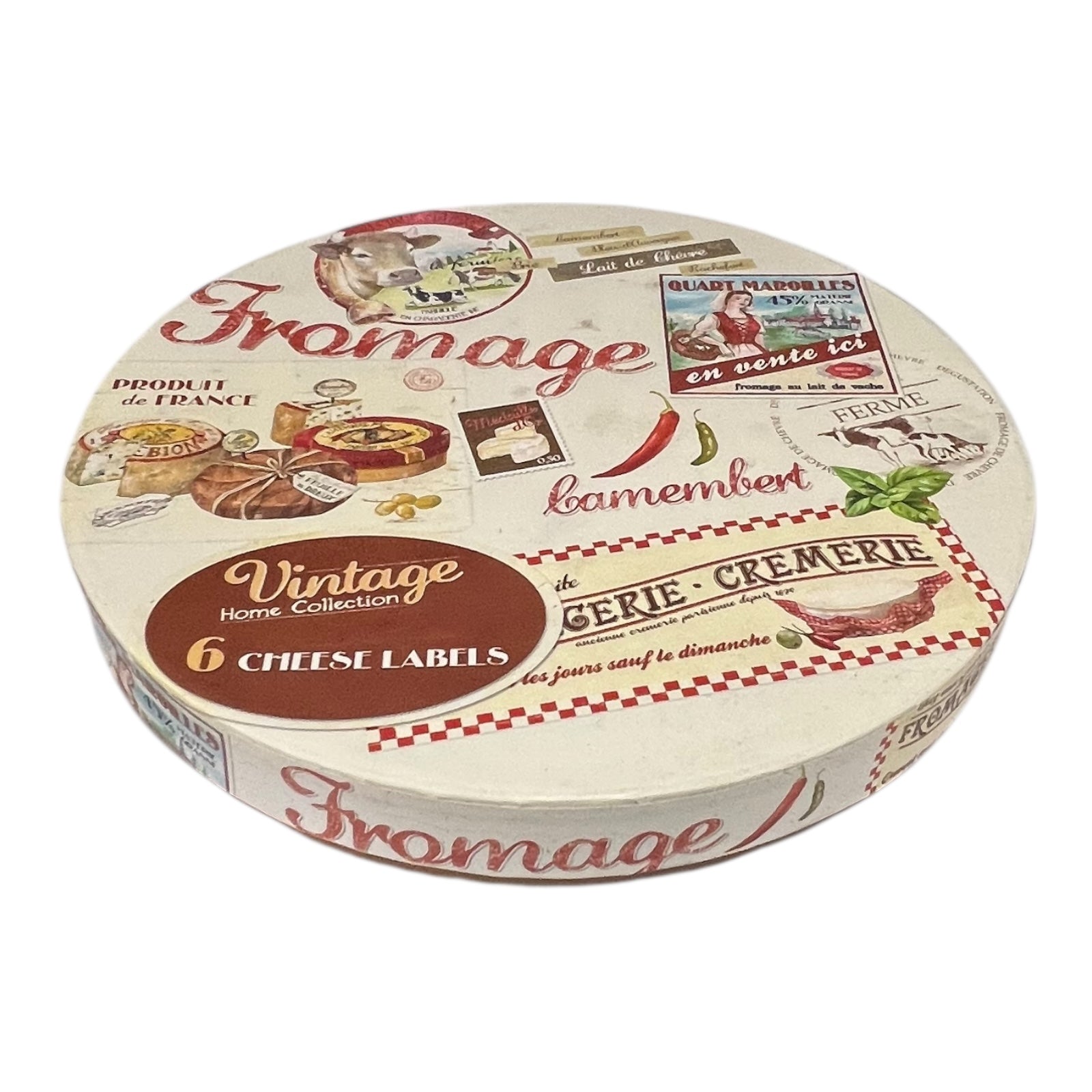Round cheese packaging with 'Fromage' branding and decorative elements on a white background