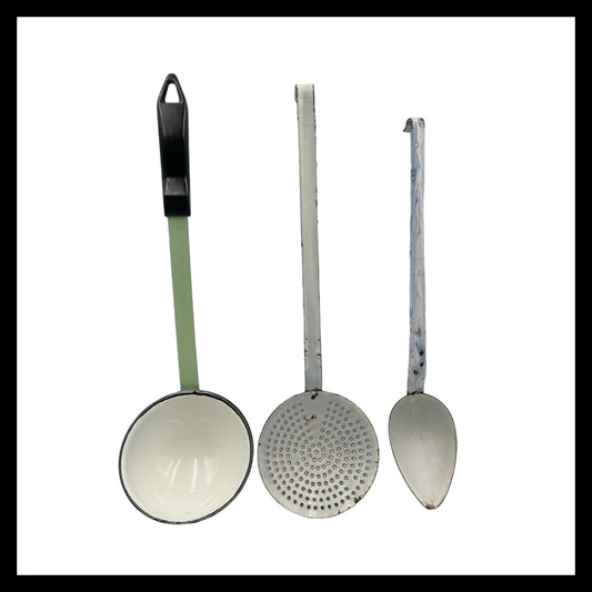 3 French vintage enamel kitchen utensils for sale by All Things French Store
