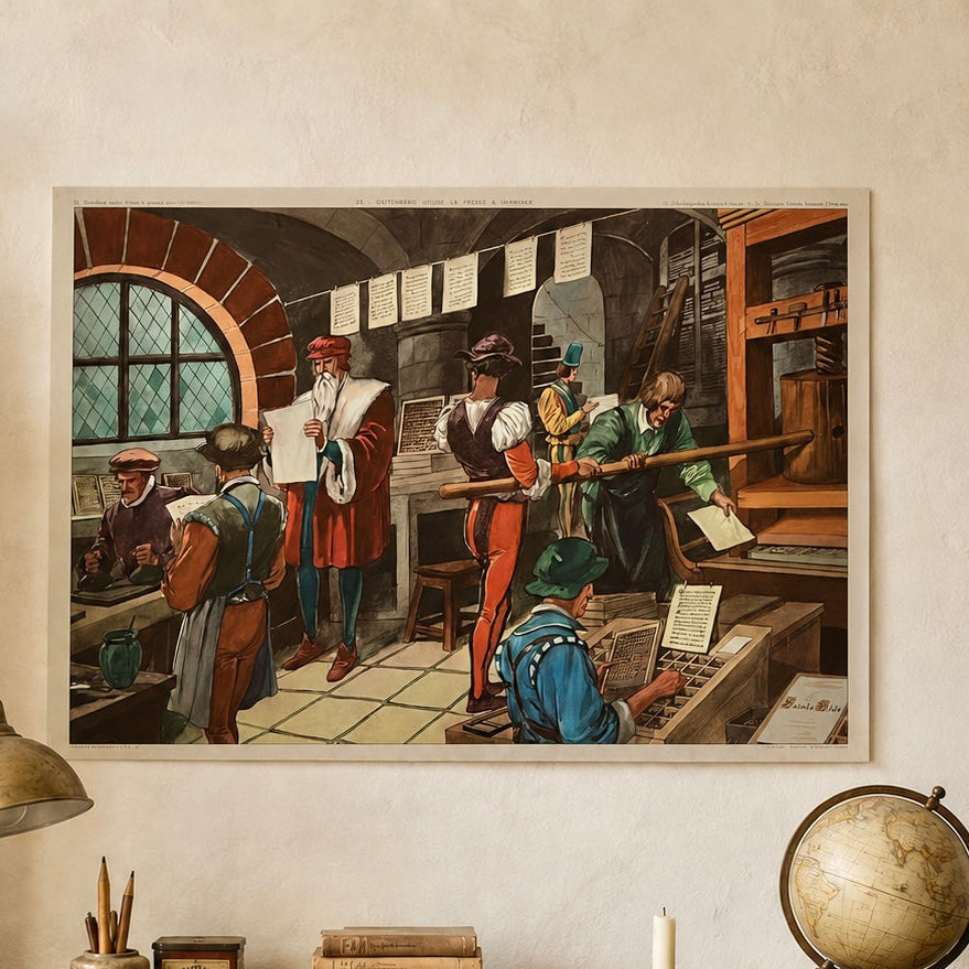 Vintage French large wall poster featuring the Gutenburg printing press being used for the first time, set against a tractional study above a desk, perfect for adding a touch of vintage charm to your home décor.
