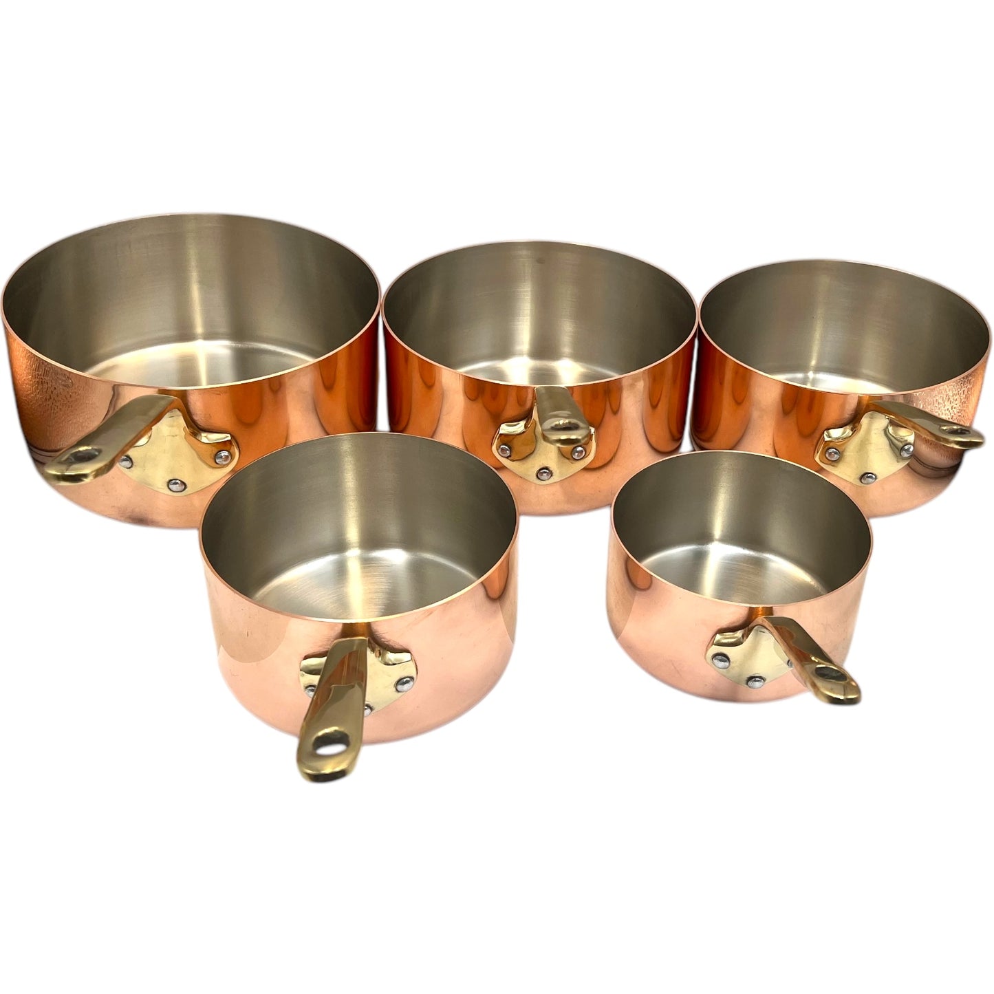 Set of 5 French copper saucepans with brass handles by Harvard 