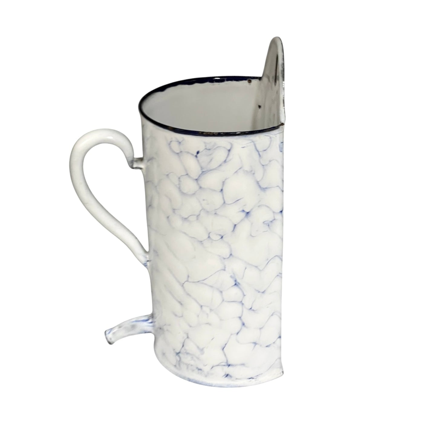 A vintage enamel pitcher style plant pot with a white body, blue crackle marbled pattern, black rim, and a metal spout, shown on a plain white background.