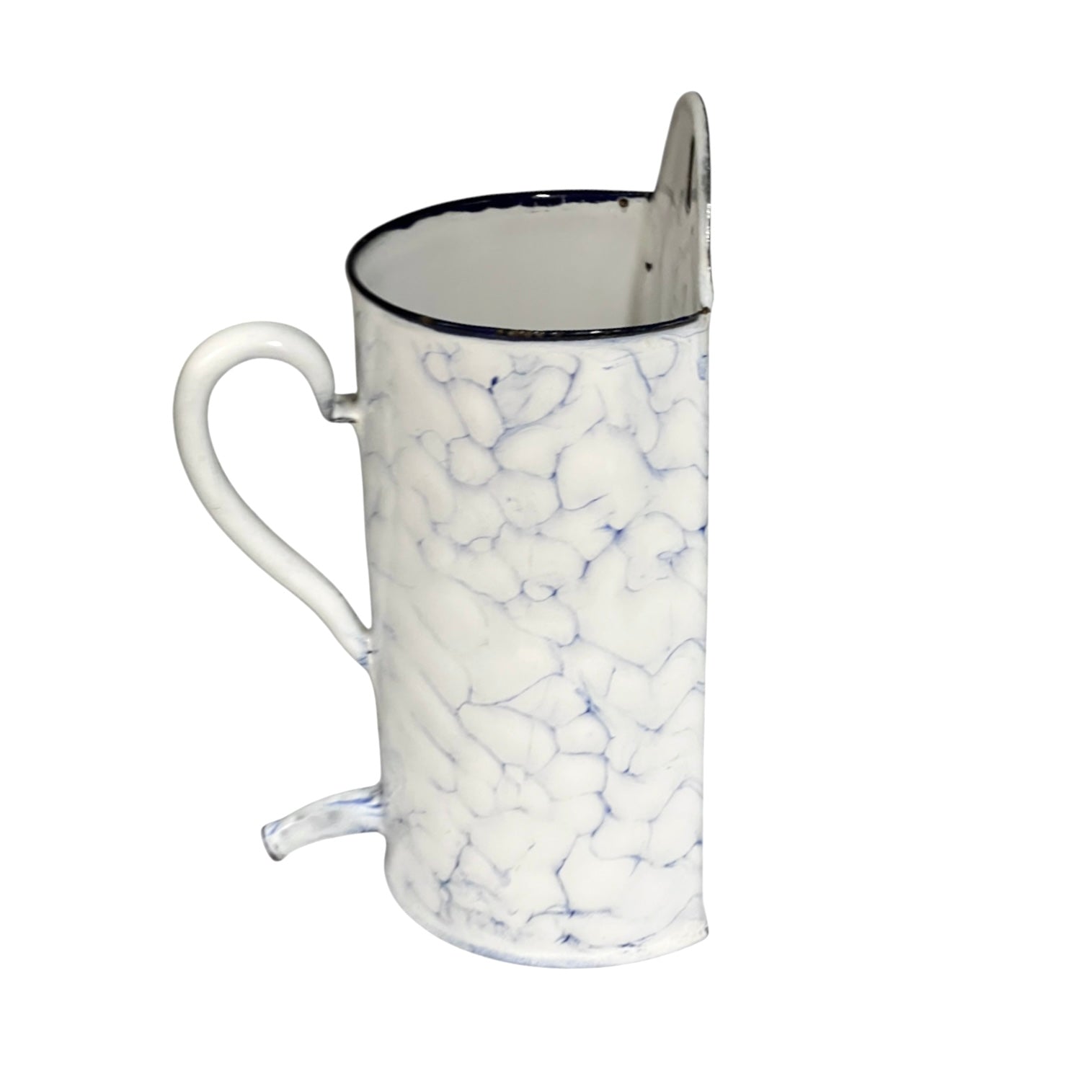 A vintage enamel pitcher style plant pot with a white body, blue crackle marbled pattern, black rim, and a metal spout, shown on a plain white background.