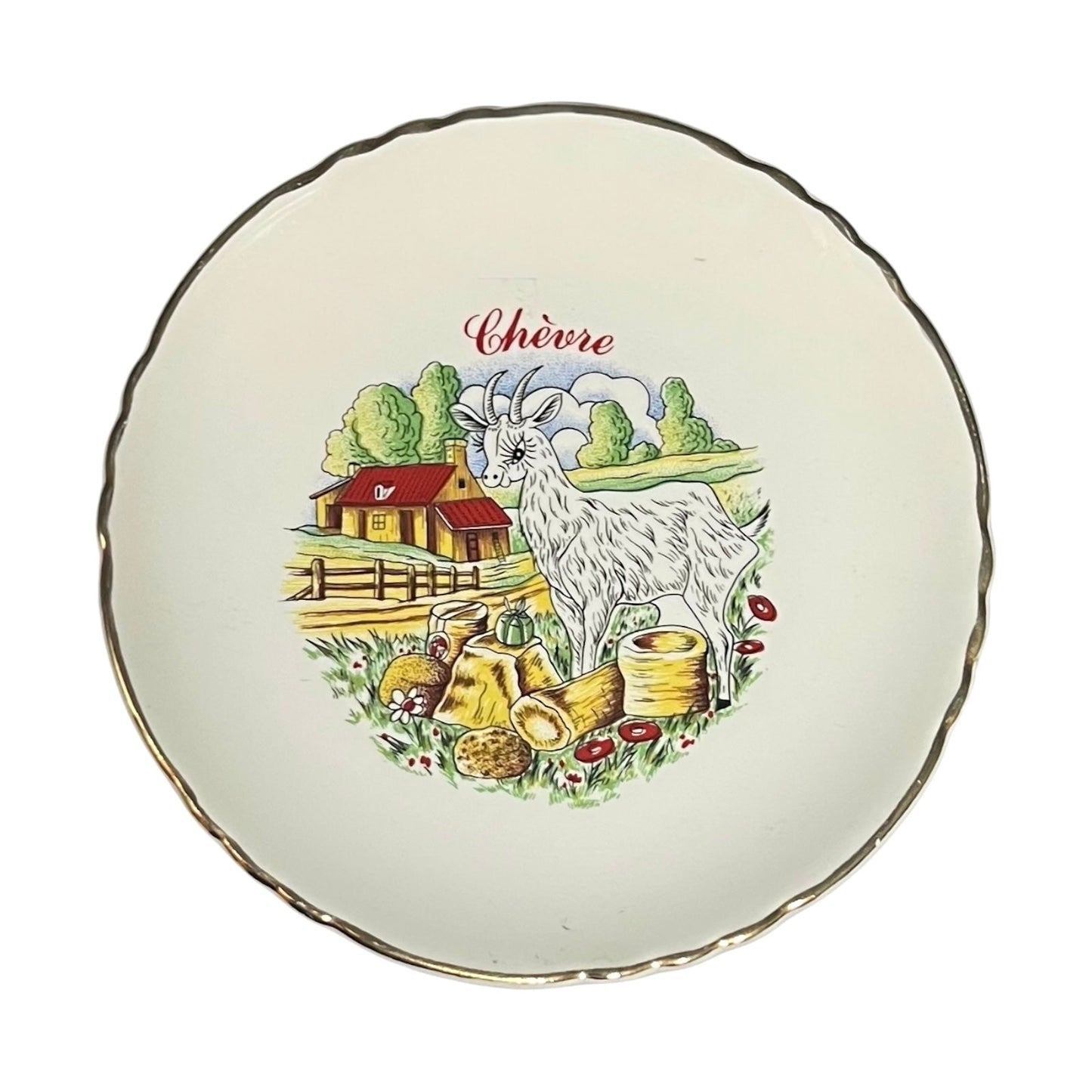 Decorative plate with a goat illustration and 'Chèvre' text on a white background
