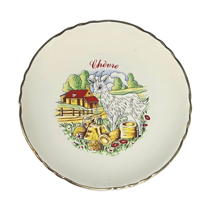 Decorative plate with a goat illustration and 'Chèvre' text on a white background