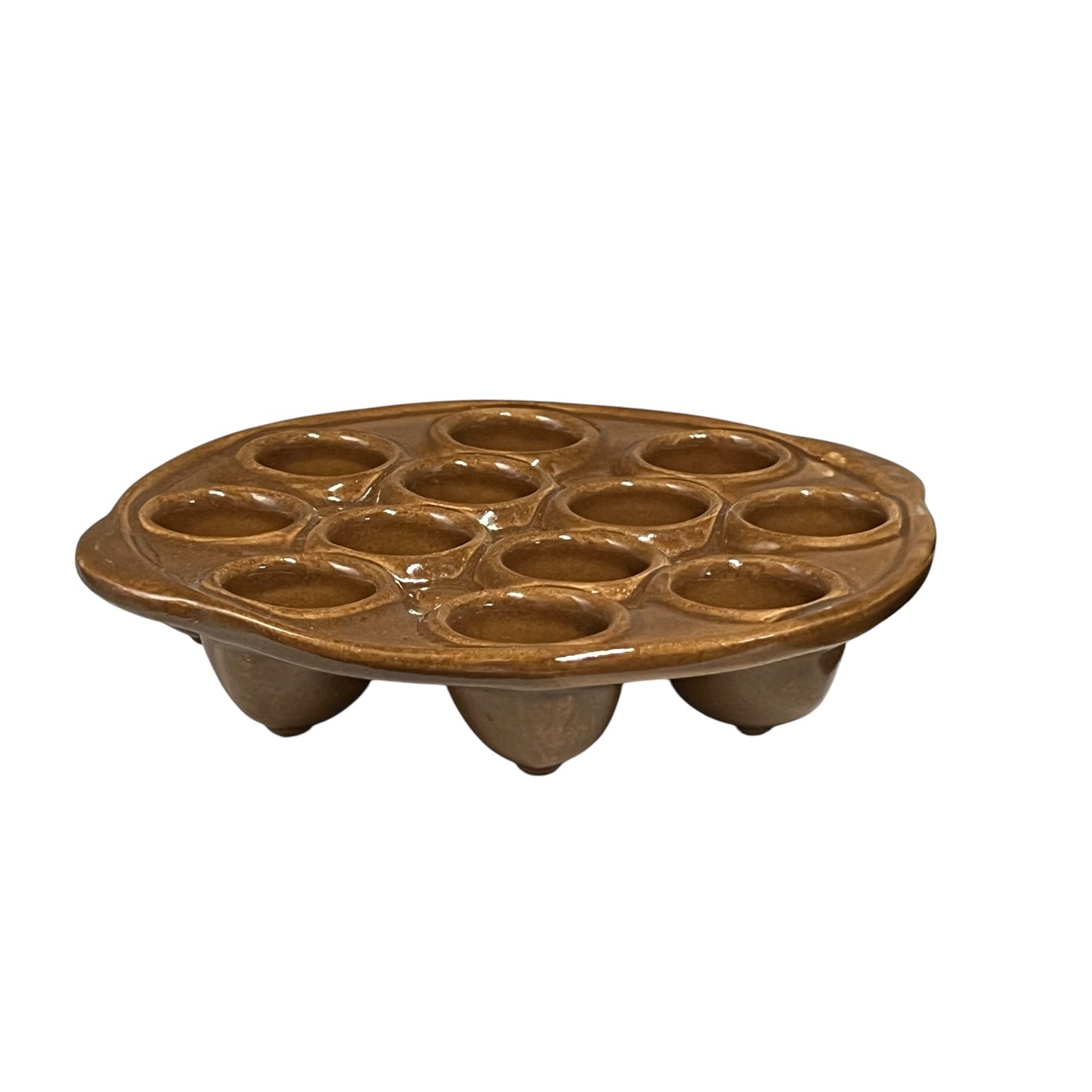 brown French vintage ceramic escargot plate,  featuring 12 holes and side handles, perfect for French recipes or adding charm to a farmhouse country kitchen, displayed on a white background.