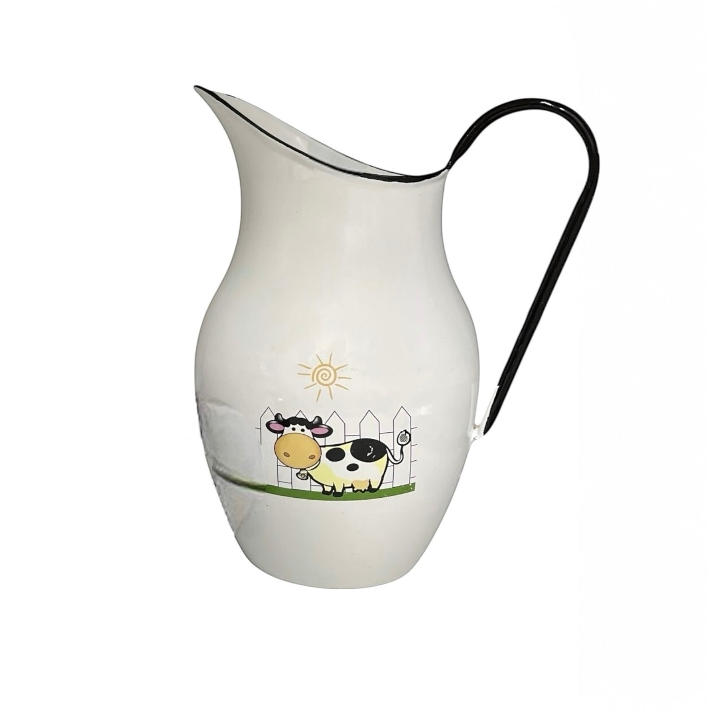 White ceramic pitcher with a cow design on a white background