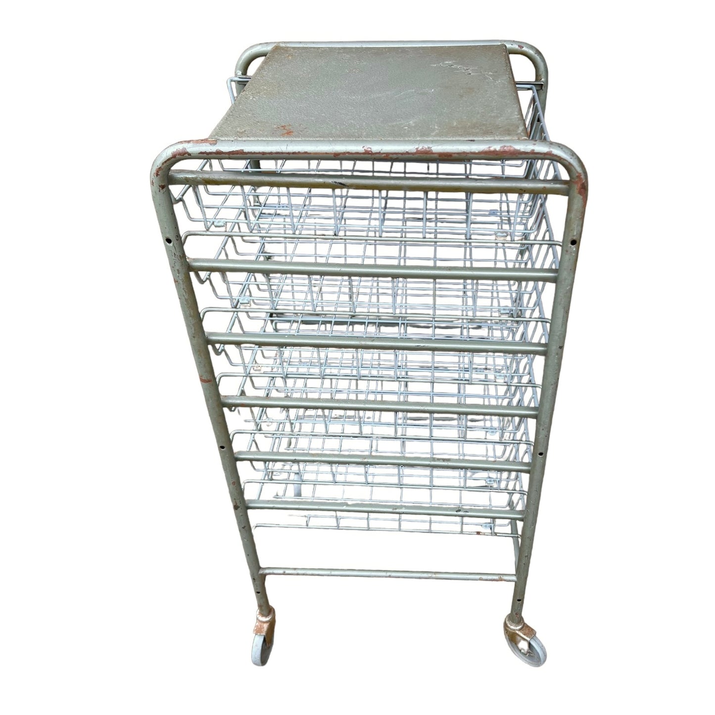 Vintage French Metal Drawer Trolley on Wheels, Industrial Mobile File Storage