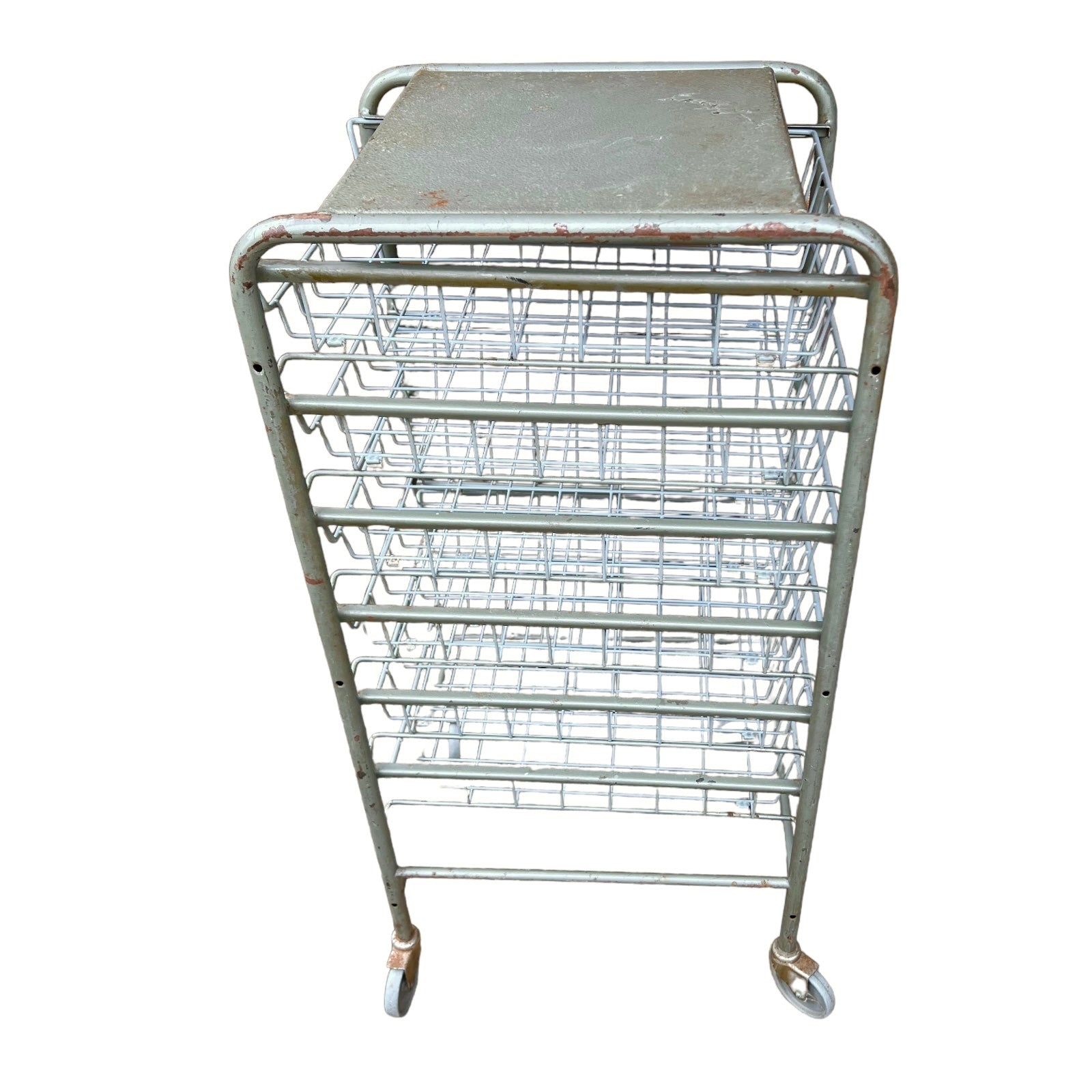 Vintage French Metal Drawer Trolley on Wheels, Industrial Mobile File Storage