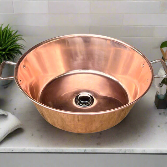 Copper up cycled bathroom or camper van sink with metal  handles and a chrome waste for sale from All Things French Store