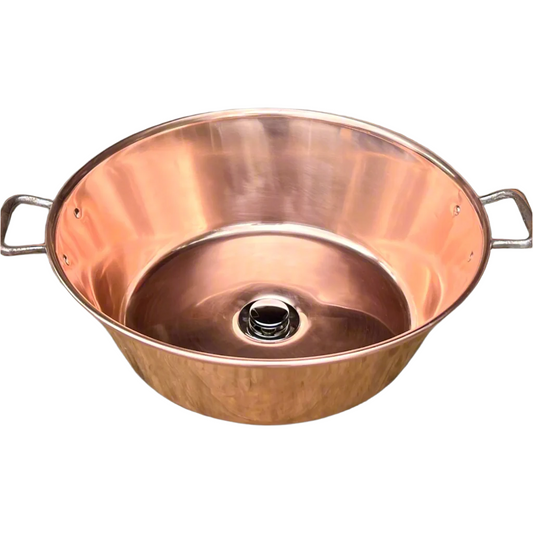 Copper up cycled bathroom or camper van sink with metal  handles and a chrome waste on a white background for sale from All Things French Store